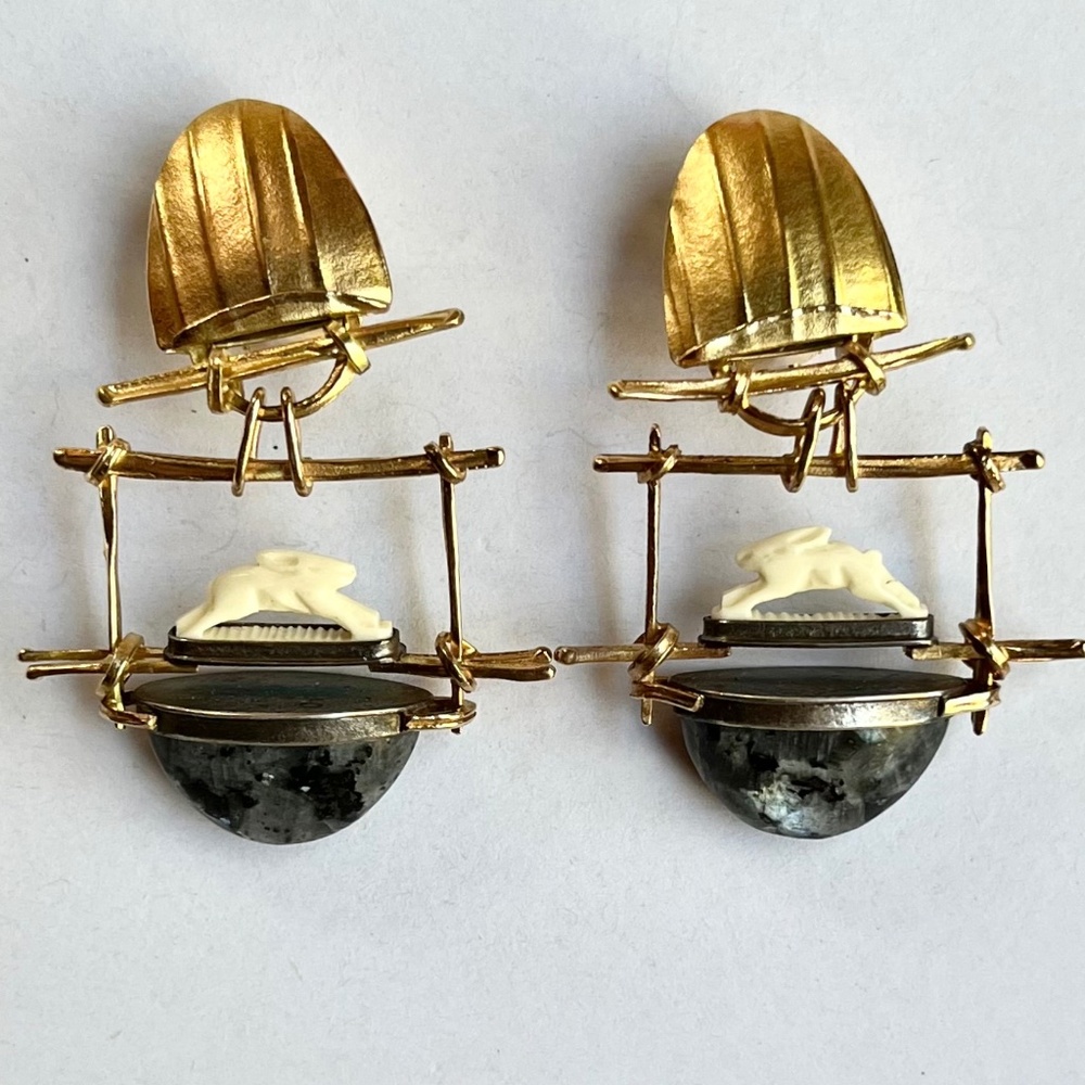 Carolyn Morris Bach Earrings Sterling Silver, 18K gold, stone clip earrings